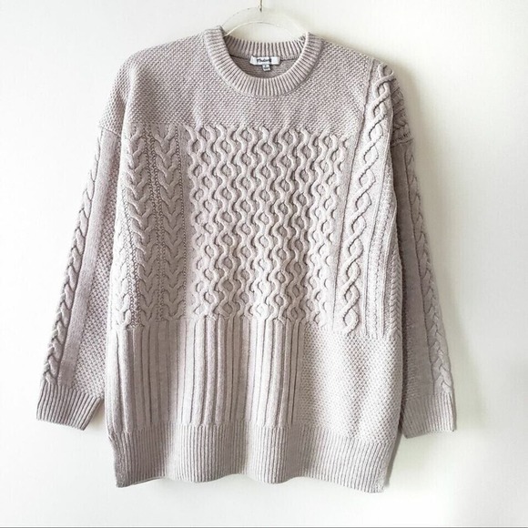 Madewell Patchwork Cable Knit Wool Women's Sweater Beige size Small Oversize NWT - Picture 1 of 4